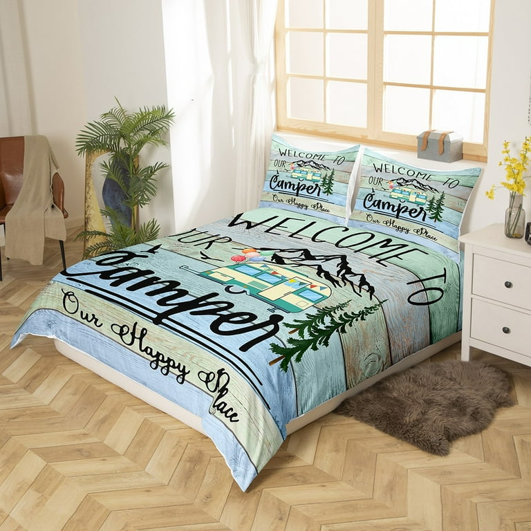 Camper Themed Duvet Cover Queen for Family Boys Girls Happy