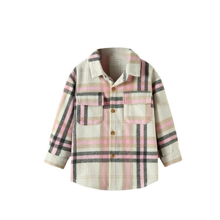 

Toddler Little Boys Girls Long Sleeve Flannel Plaid Jacket Lapel Button Down Thick Shirt Fall Winter Shacket Coat