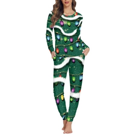 

Renewold 2 PCS Long Sleeve Pajama for Ladies Thermal Cozy Christmas Colorful Lights Jogger Vacation Pjs Loungewear Loose Fitting Round Neck Sleepwear Set Size XL