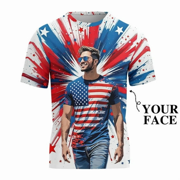 HOMY GIFTS Men's Custom Face T-Shirt - Patriotic American Flag Explosion Design, Personalized USA Gift