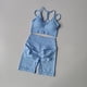 thumbnail image 3 of Conjunto de Yoga sin costuras para mujer, ropa deportiva para gimnasio, Sujetador deportivo y pantalones cortos de cintura alta, traje corto ajustado para levantamiento de glúteos, 2 uds., 3 of 5