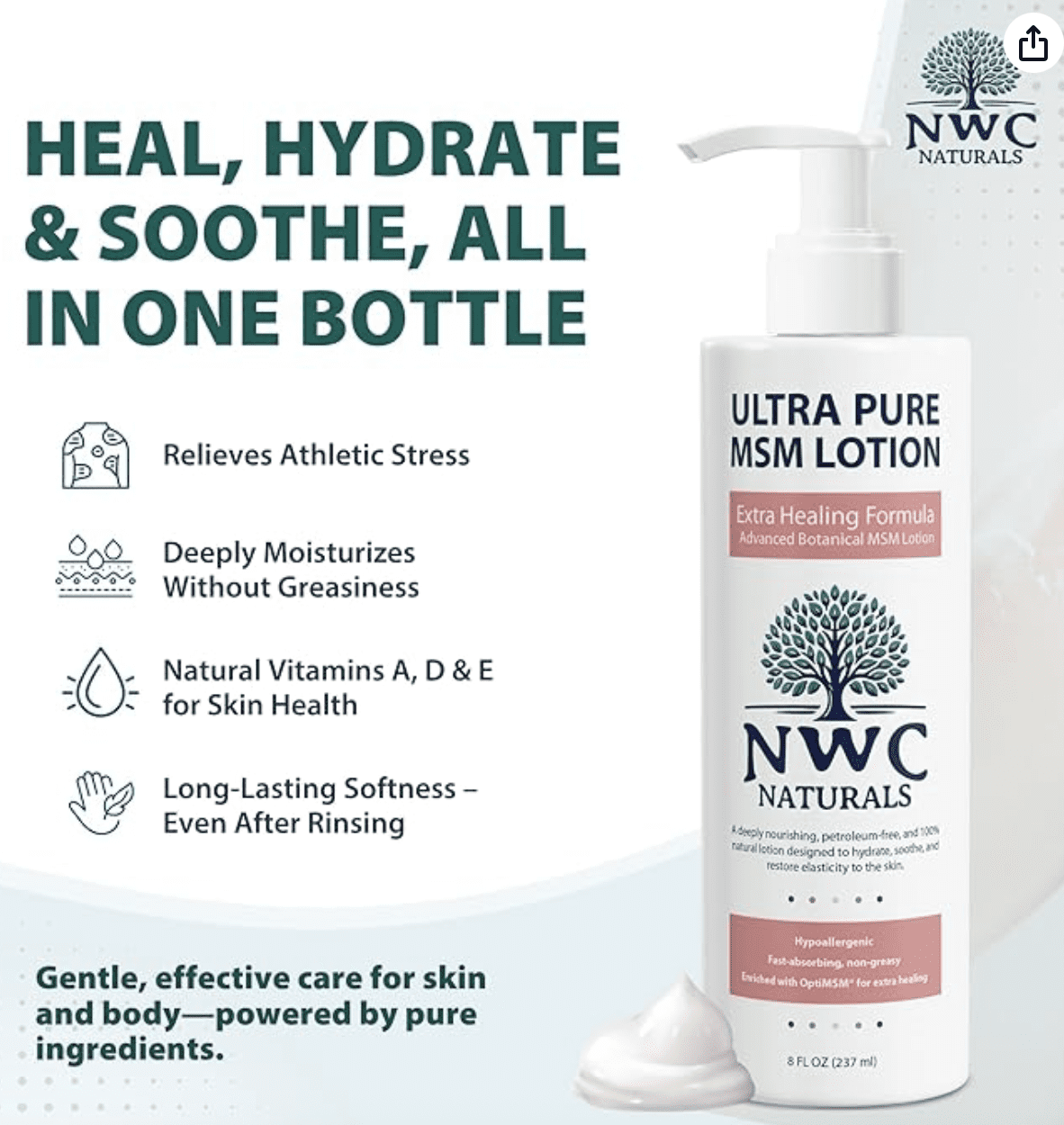 NWC Naturals UltraPure MSM Lotion All Natural Hypoallergenic ExtraHealing Nourishing Body Lotion 8 ounce