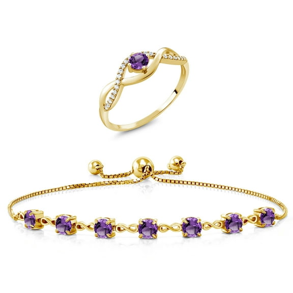 Gem Stone King 2.87 Ct Round Purple Amethyst 18K Yellow Gold Plated Silver Ring and Bracelet Jewelry Set (Size 5)