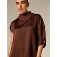 thumbnail image 5 of Brown Asymmetrical Drape Mini Dress With High Mock Neck And Short Sleeves Elegant Evening Guest Wear, 5 of 5