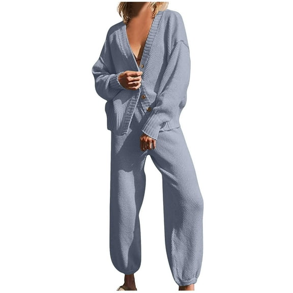 zfwon Loungewear Sets for Women Solid Color Sweater Set 2 Piece Oversized Cardigan with High-Waisted Joggers Pants and Long Sleeve V-Neck Top Waffle Knit Casual Outfits for Autumn Winter