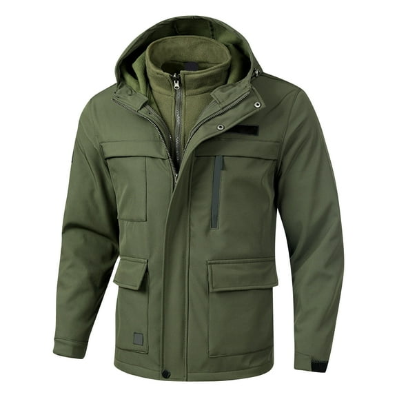 WTOBBY Men's 3-in-1 Double Layer Fleece Jacket, Cold Proof Windproof Waterproof Mountaineering Coat, Warm Thickened Outdoor Hiking Jacket for Winter,Army Green L
