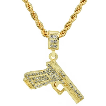 2 Arm Pendant - 14K Gold Plated Iced Out Hip Hop Bling Handgun Pistol Glock Pendant With 24