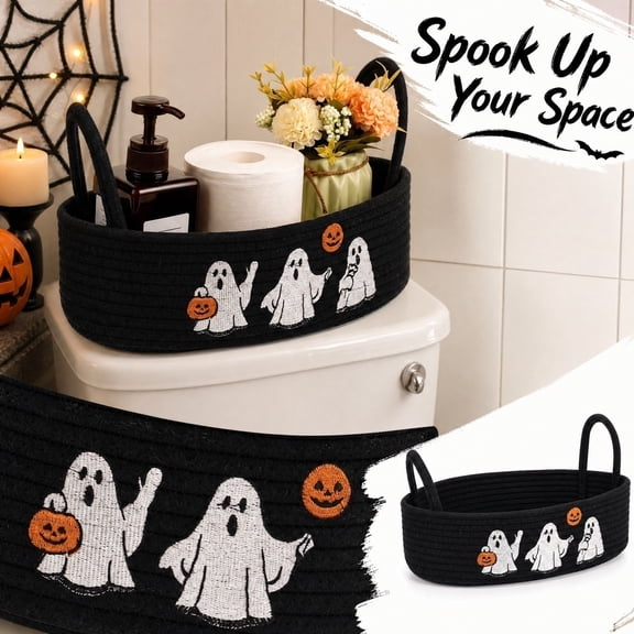 Halloween Ghost Woven Basket with Handles, Bathroom Counter Organizer for Toilet Tank Storage, Trick Or Treat Candy Gift Basket for Fall Party Decor, Black Rope Basket