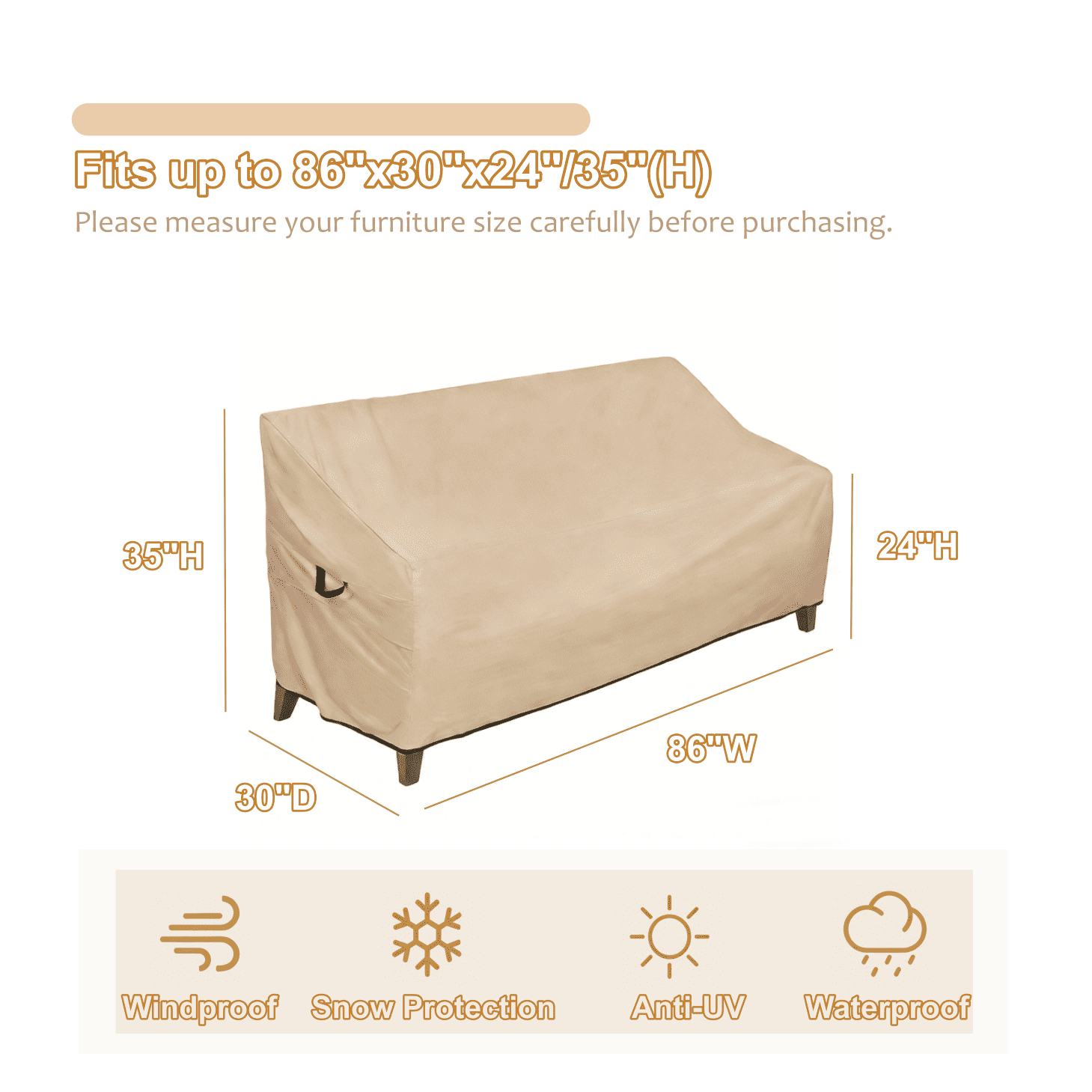 Waterproof Heavy Duty Outdoor Sofa Cover, Windproof UV-Resistant Patio Furniture Protector， 86"x30"x24"/35"(H)