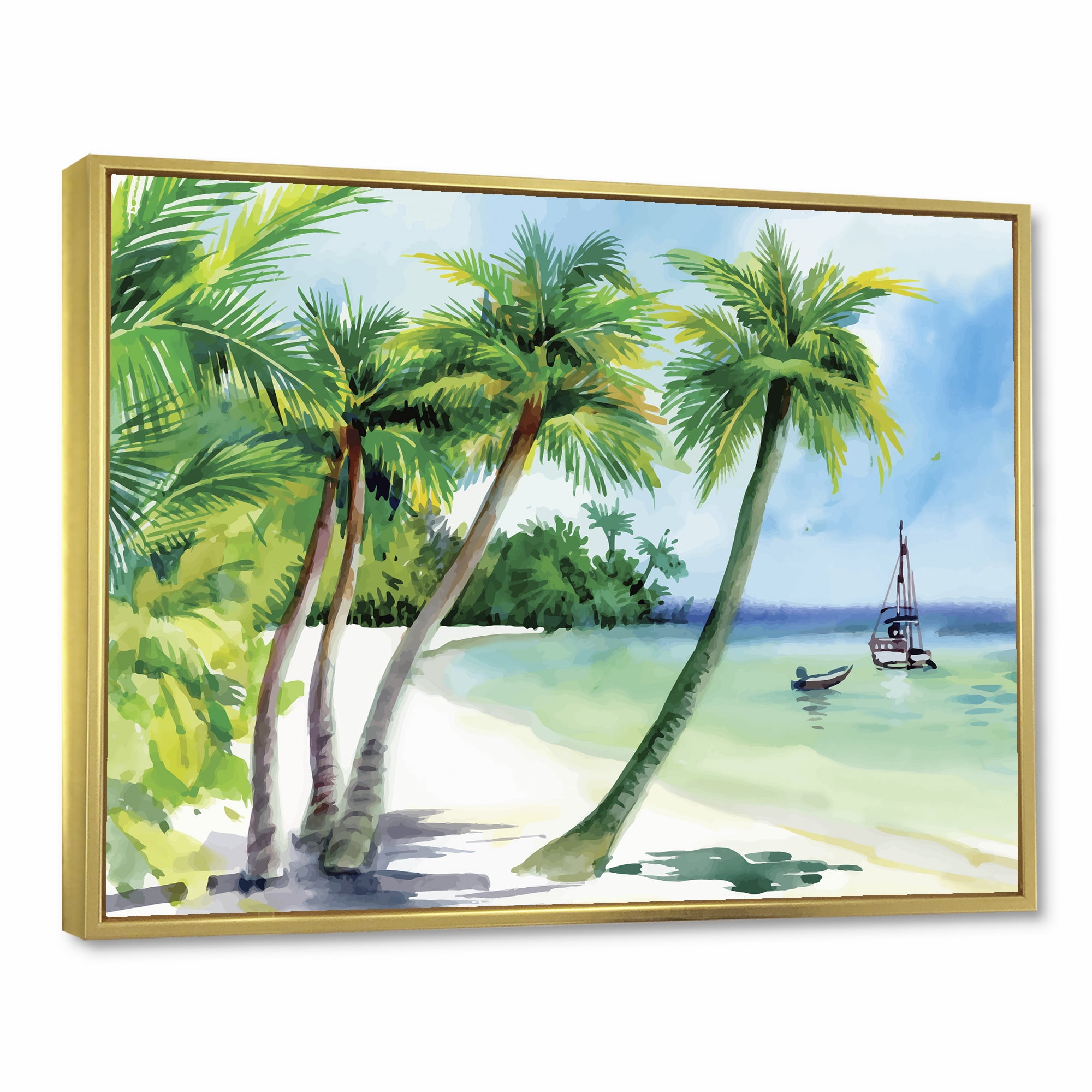 Palm Trees With Summer Beach 20 in x 12 in Framed Painting Canvas Art Print, by Designart