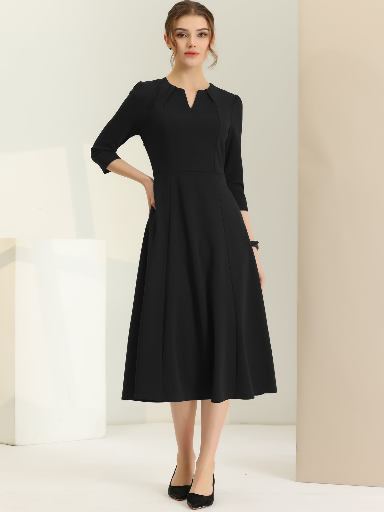DARING DIVA Work Office Elegant 3/4 Sleeve V Neck A-Line Dress S Black
