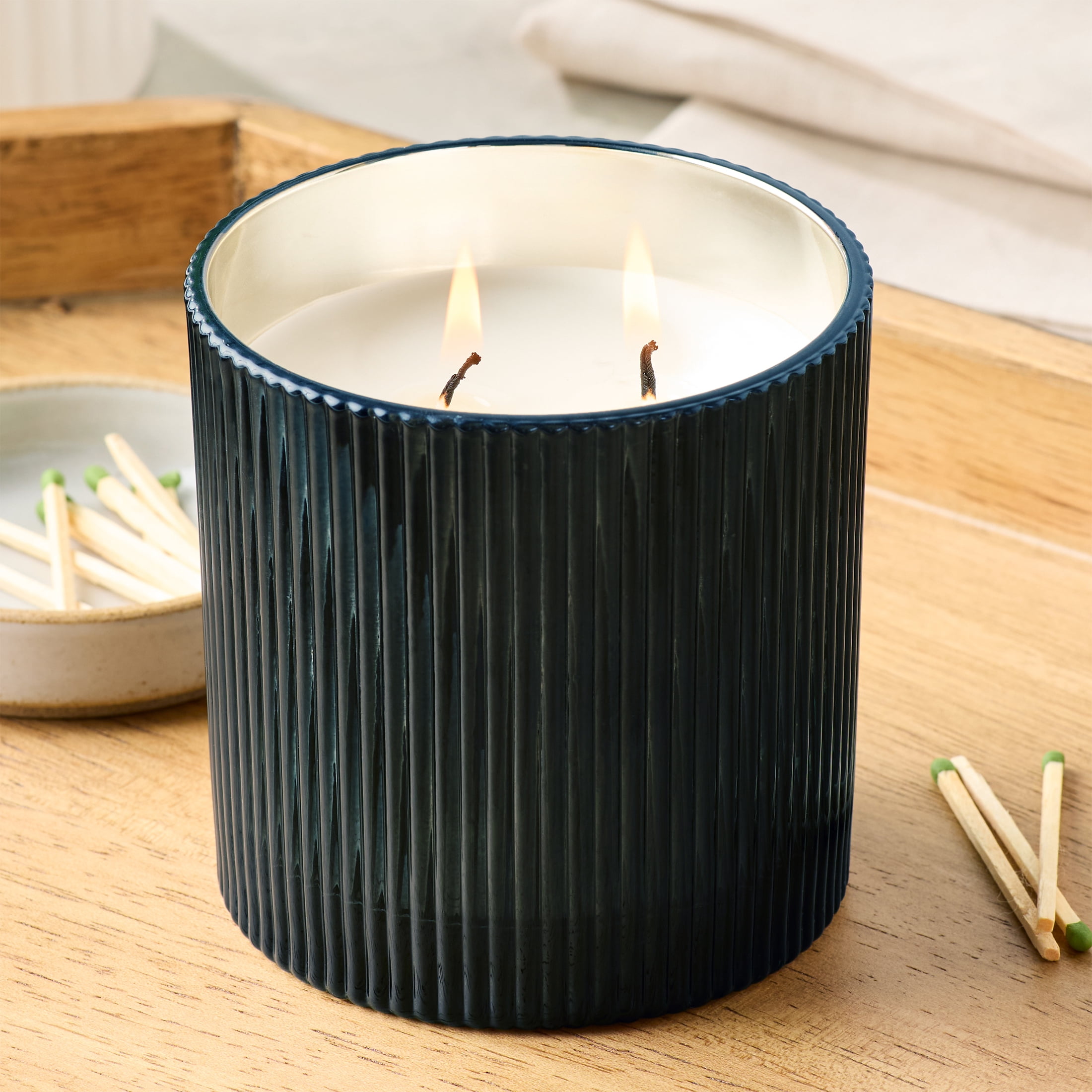 Better Homes & Gardens Warm Leathered Amber Scented Cotton 2-Wicks Ribbed Mecury Glass Jar Candle with Wooden Lid 12oz