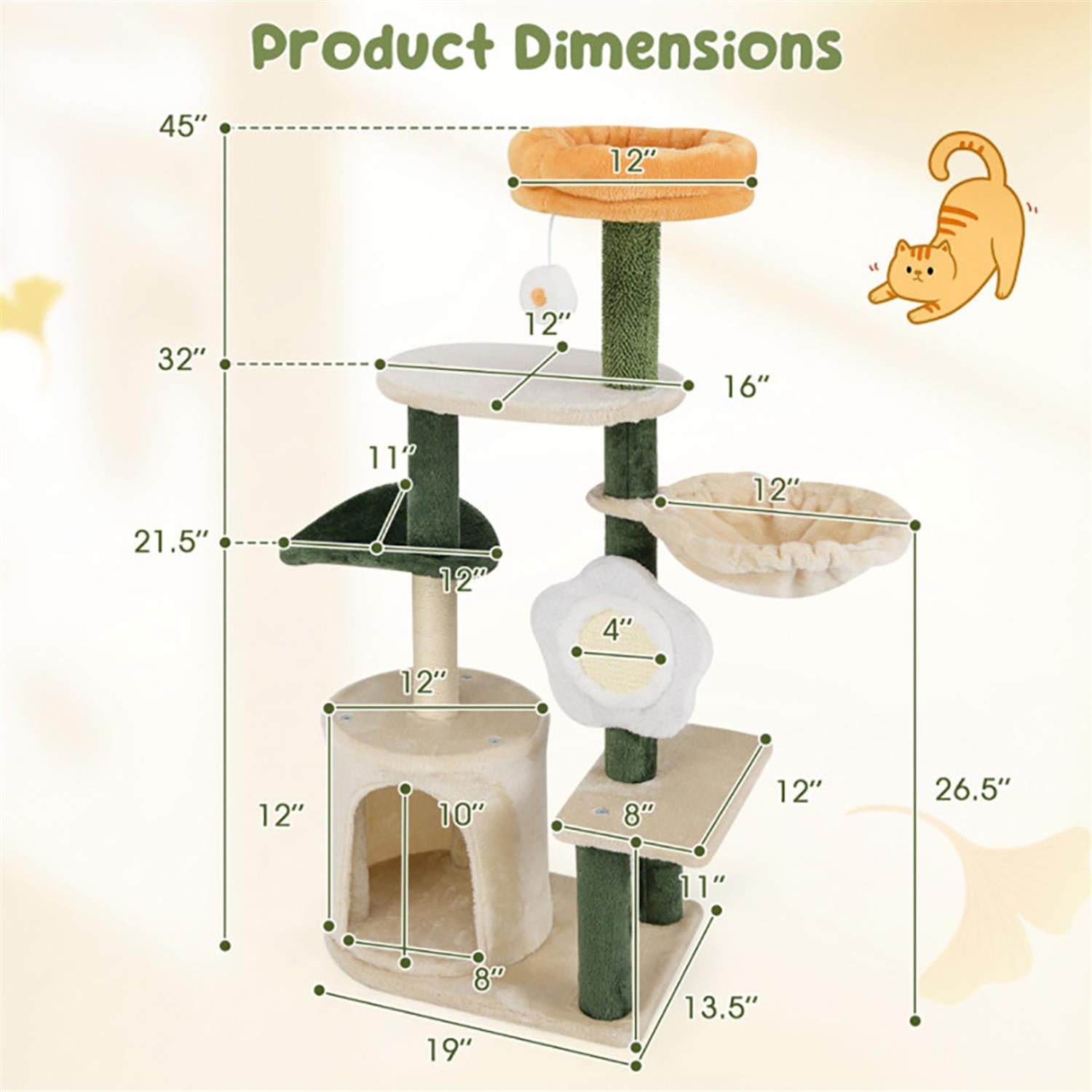 Kadyn 71" Cat Tree Tower with Hammock for Indoor Cats, Cute Flower Cat Tree House with Scratching Posts and Dangling Ball, Beige