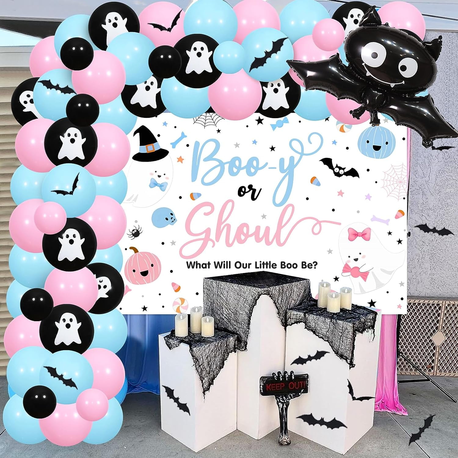 Halloween Gender Reveal Decorations, Boo-y or Ghoul Gender Reveal Backdrop Balloon Garland Arch Kit Bat Stickers for Halloween Spooky Ghost Pumpkin Baby Shower Little Boo Party Supplies