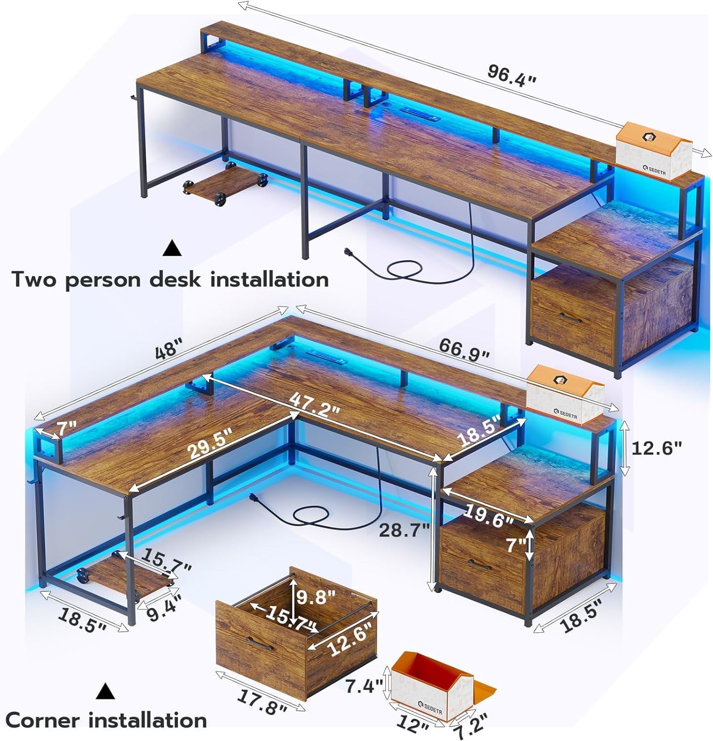 L Shaped Desk with Power Outlet and LED Lights, Corner Computer Desk with File Drawer for Home Office,  Gaming Desk,  Rustic Brown