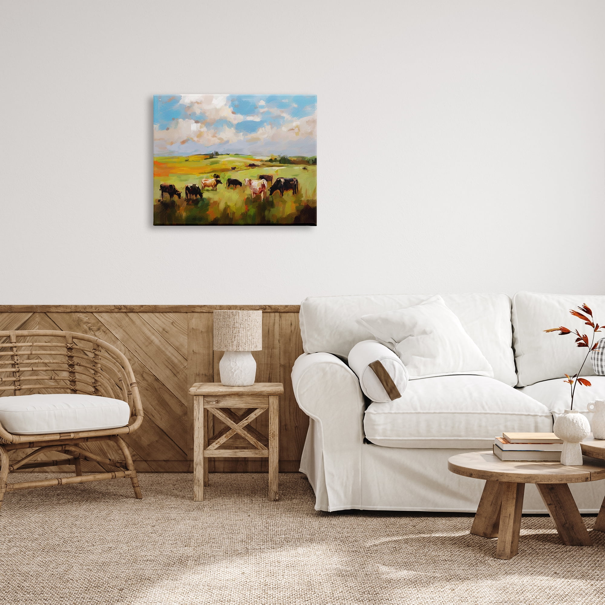 Stupell Industries Cows Grazing Painting Landscape Painting Gallery Wrapped Canvas Art Print Wall Art, 30 x 24