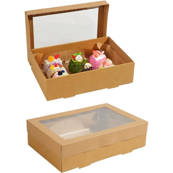 10 Pack Bakery Boxes with Window, Large Cardboard Cookie Pastry and Dessert Boxes 11.8 x 7.87 x 3.15 Inch, Takeout Containers for Cakes, Pies, Muffins and Baked Goods
