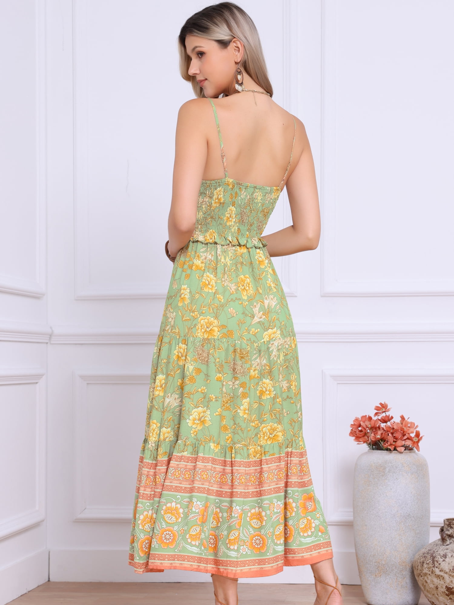 DARING DIVA Women's Boho Floral Spaghetti Strap A Line Maxi Dresses M Gray Green