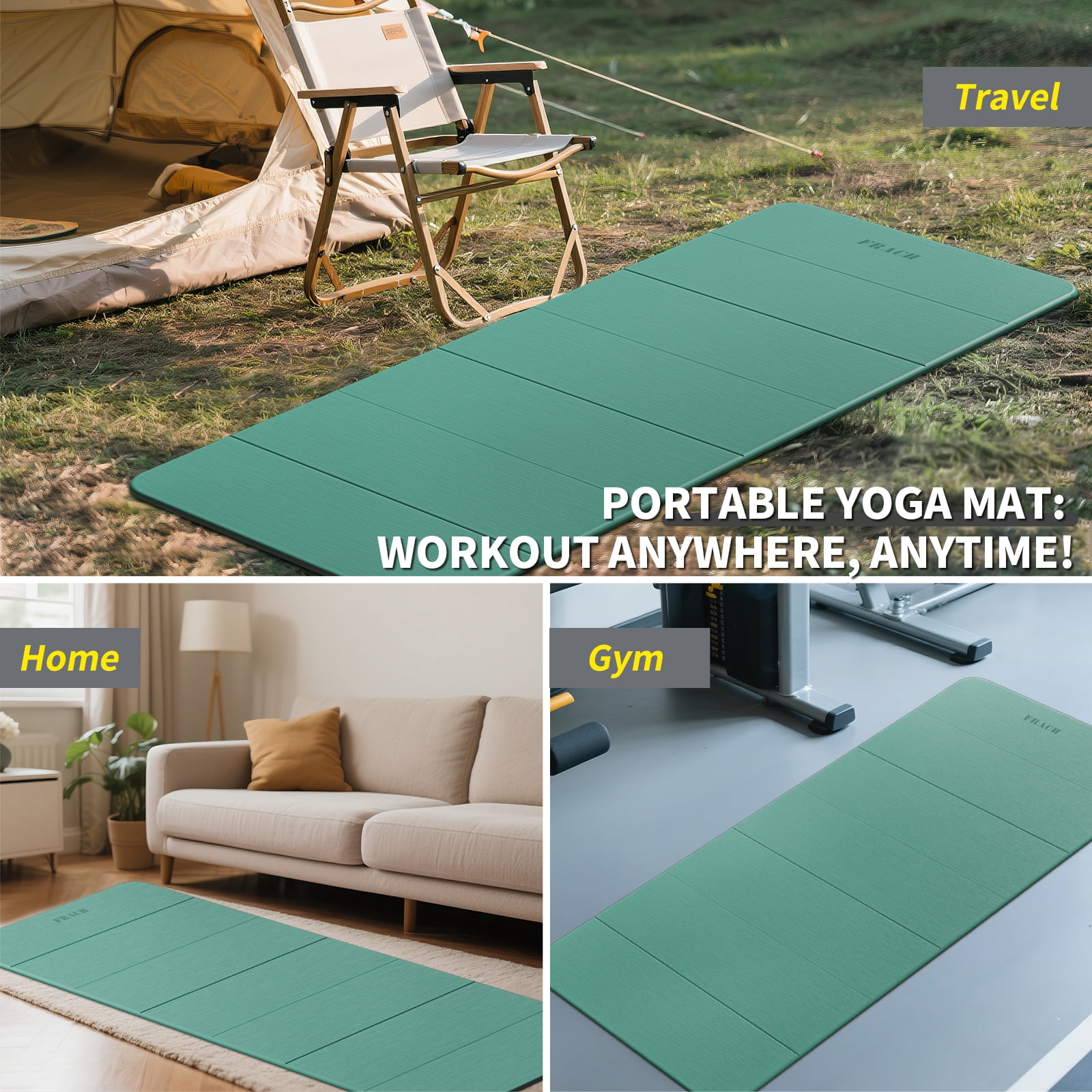 Frach Wide Foldable Yoga Mat - Extra Large 75"x32" Quick-Fold & Versatile Use Non-Slip TPE for Workout & Home Gym (Green+Black)