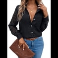 thumbnail image 2 of Camisas de Mujer con Botones, Larga, Cuello en V, Estilo Informal de Negocios, Blusas Lisas. Negro XL, 2 of 10