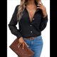 thumbnail image 2 of Camisas de Mujer con Botones, Larga, Cuello en V, Estilo Informal de Negocios, Blusas Lisas. Negro L, 2 of 10