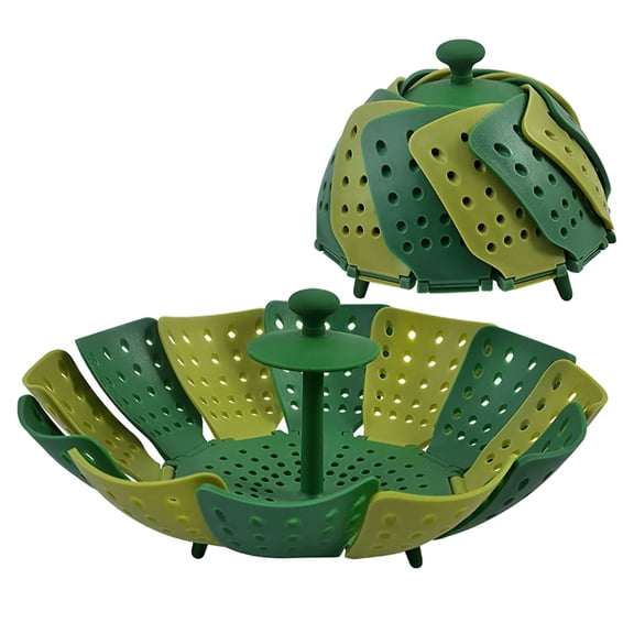 ACDANC Green Vegetable Steamer Basket, Folding Expandable Plastic Veggie Steamer & Sink Drainer, Heat Resistant Kitchen Colander for Pot, Counter, or Sink (25x11)