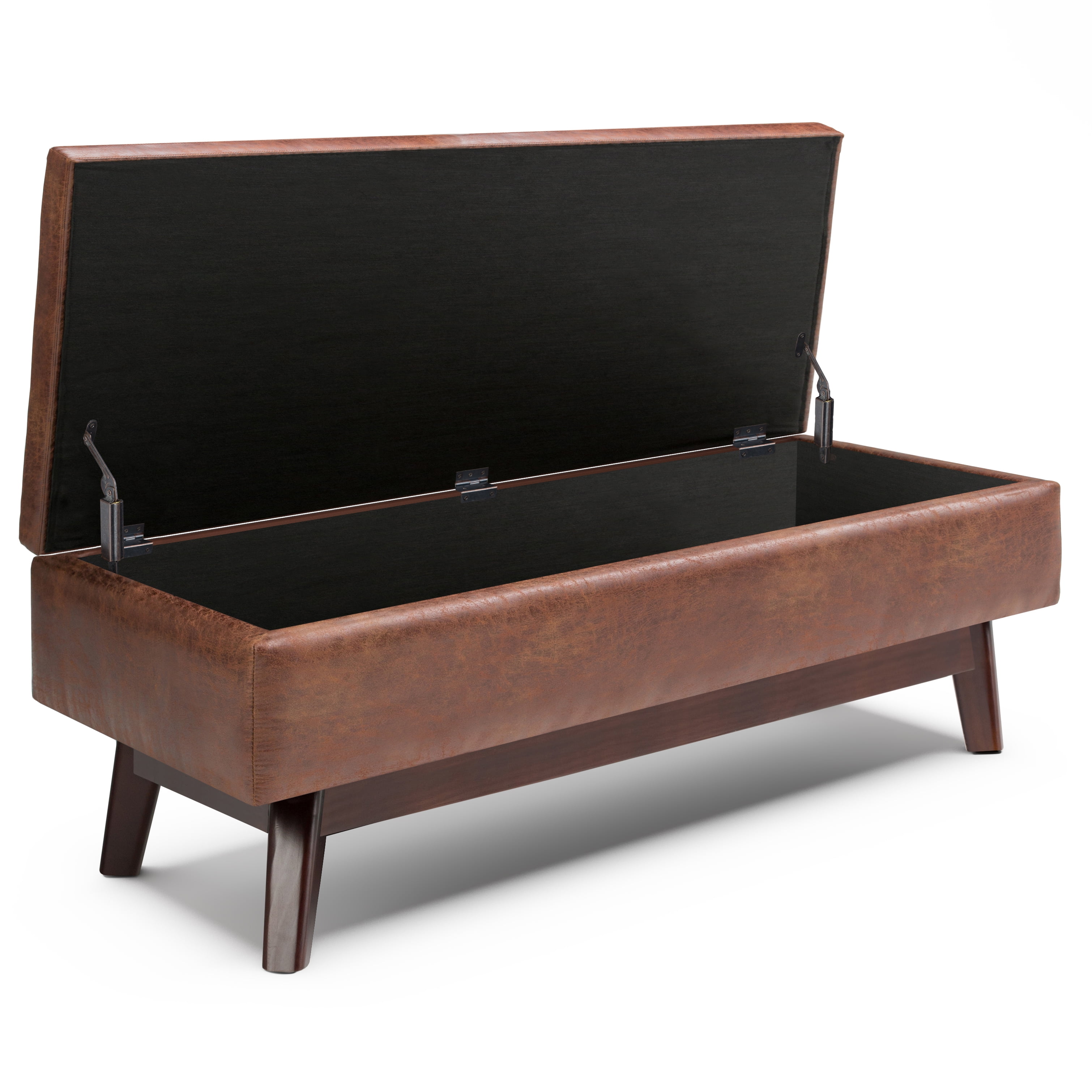 Simpli Home Owen 48 inch Wide Mid-Century Modern Rectangular Storage Ottoman in Distressed Saddle Brown Vegan Leather