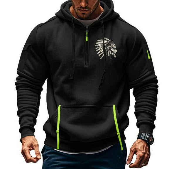 Hoodies for Men 1/4 Zipper Sweatshirt Jacket Men's Retro Printed Long Sleeve Hooded Sweatshirts Pocket Workwear Hoodie Top