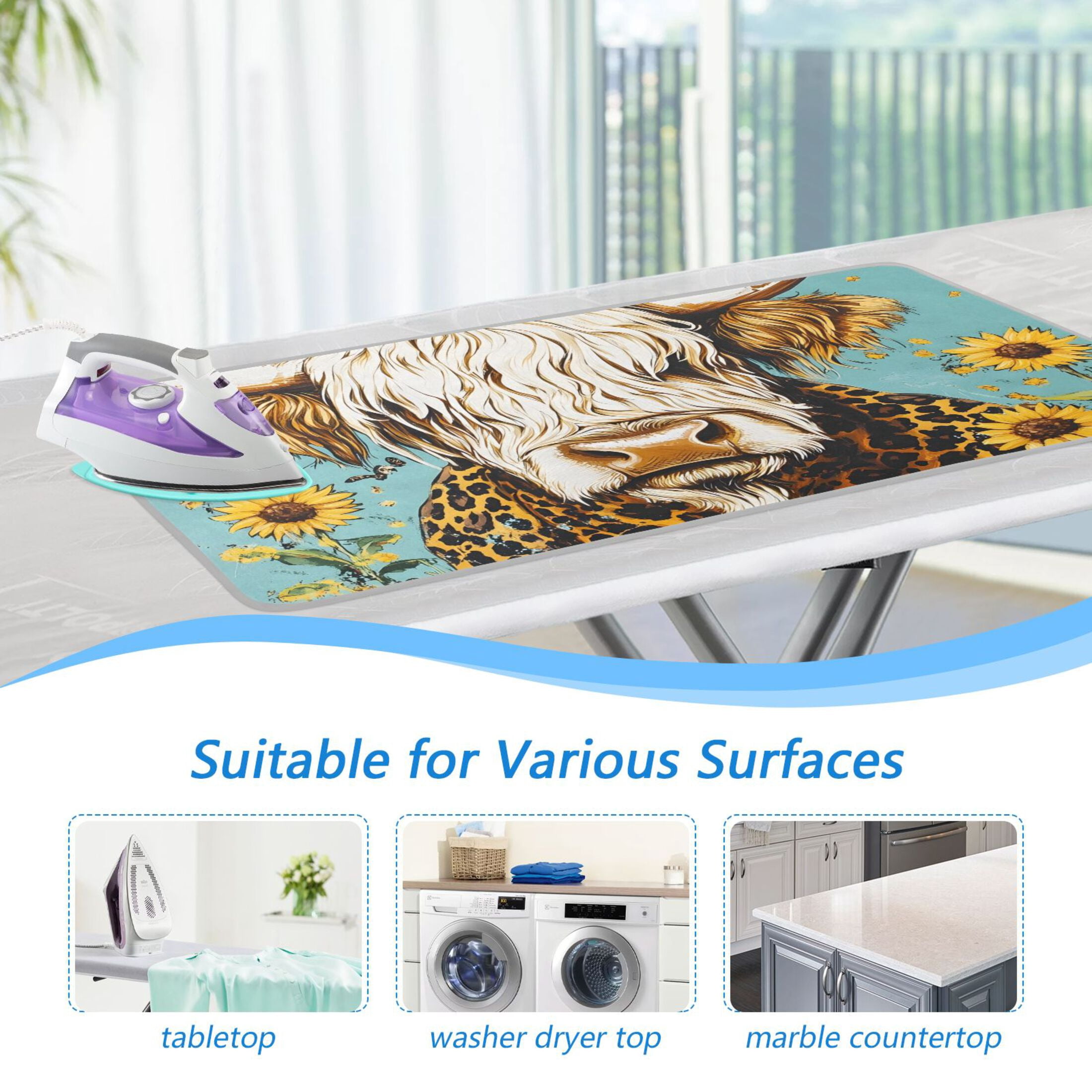 Highland Cow and Sunflowers Ironing Mat Blanket Portable Travel Ironing Pad Heat Resistant Pad 47.2" x 27.6”