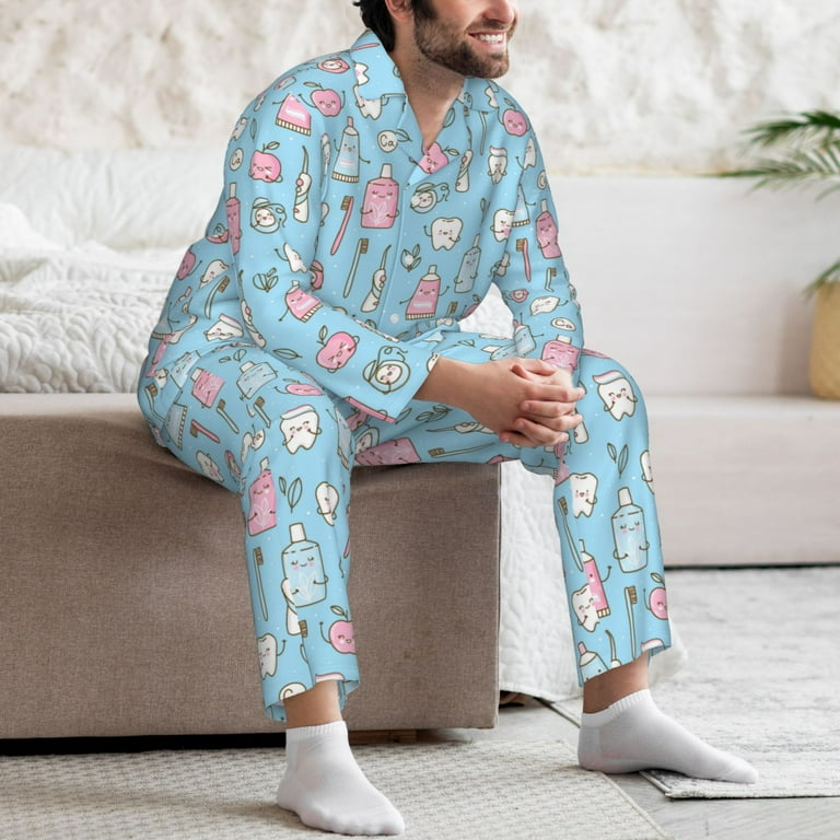 Lsque Funny Cute Teeth Pattern Long Sleeve Pajama Set for Men Soft 2 Piece Sleepwear and Loungewear Set with Pockets Comfy Nightwear Small Walmart