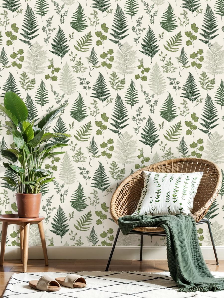 Vintage Peel and Stick Wallpaper Vintage Botanical Fern Leaf Green Beige Wall Mural 17.7in x 9.8ft Self Adhesive Removable Wall Paper Renter Friendly Wallpaper for Nursery Bedroom Cabinets