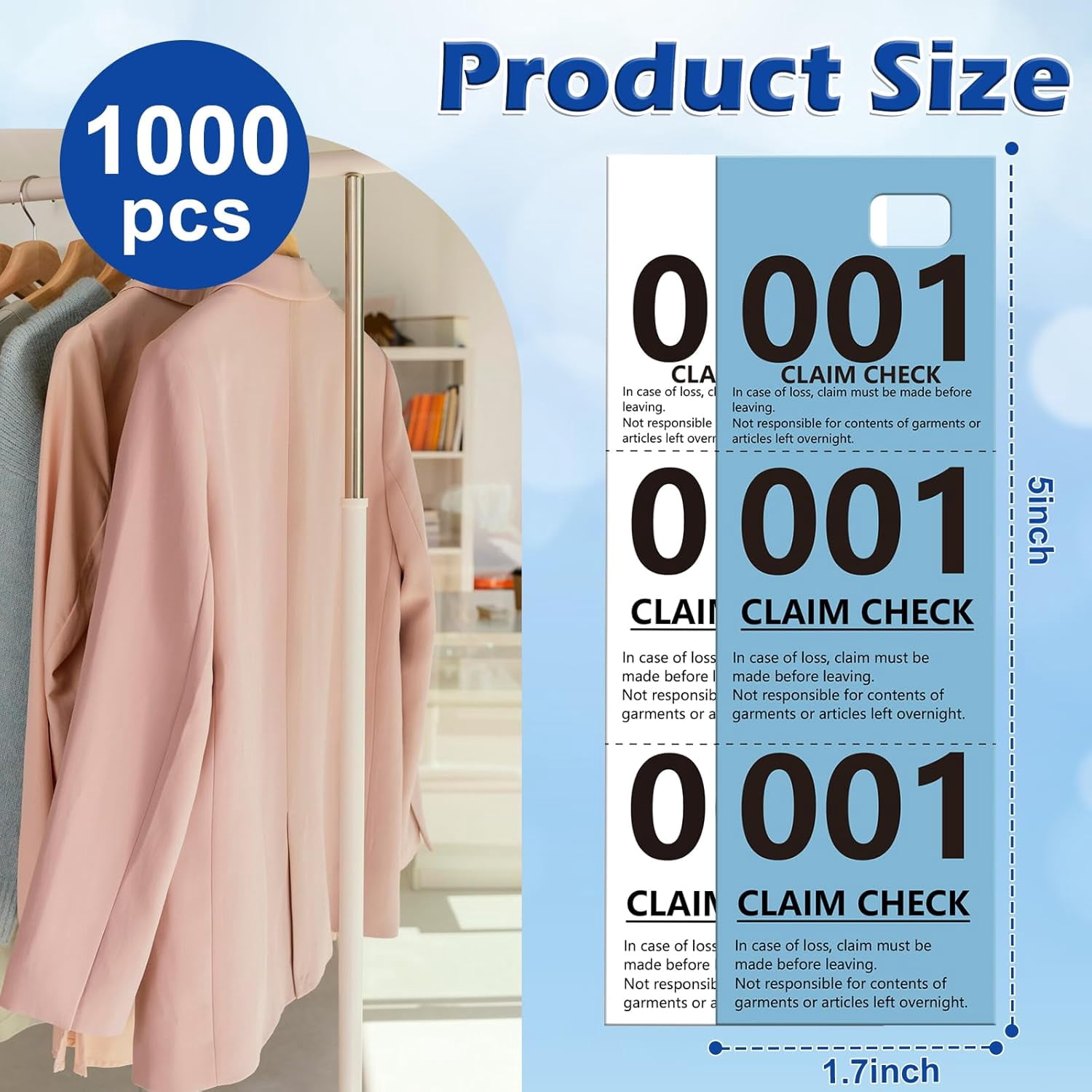 1000 Pcs Coat Check Tickets Bulk Paper Coat Room Tags Coat Checks Coat Check Numbers Coat Check Tags Claim Ticket 1.7 * 5inch White and Blue (1000)