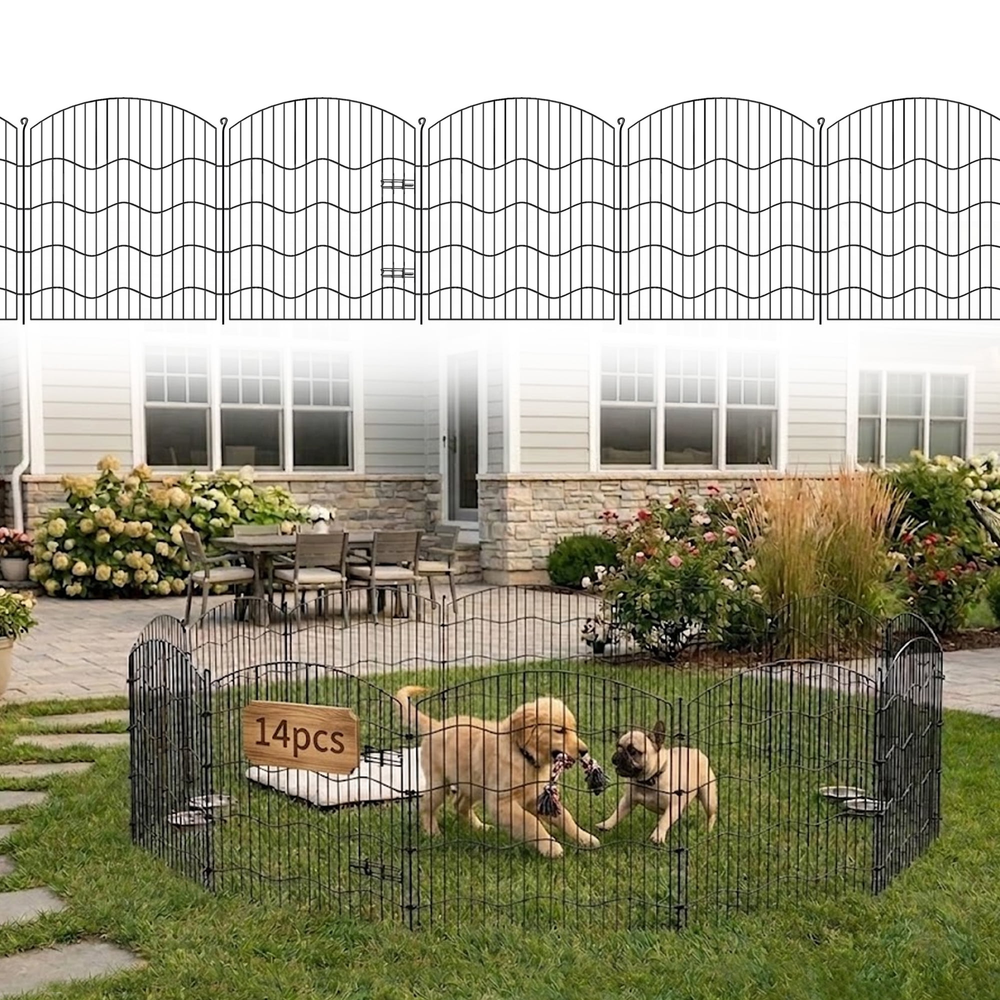 MATSKY No Dig Garden Fence, 13 Panels + 1 Gate, 31in H x 31ft L Black Metal Pet Fence with Lock for Yard, Decorative Animal Barrier