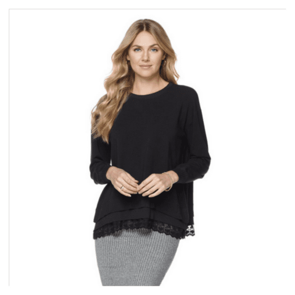 Daisy Fuentes Layered Lace-Trimmed Sweatshirt in Black, Small
