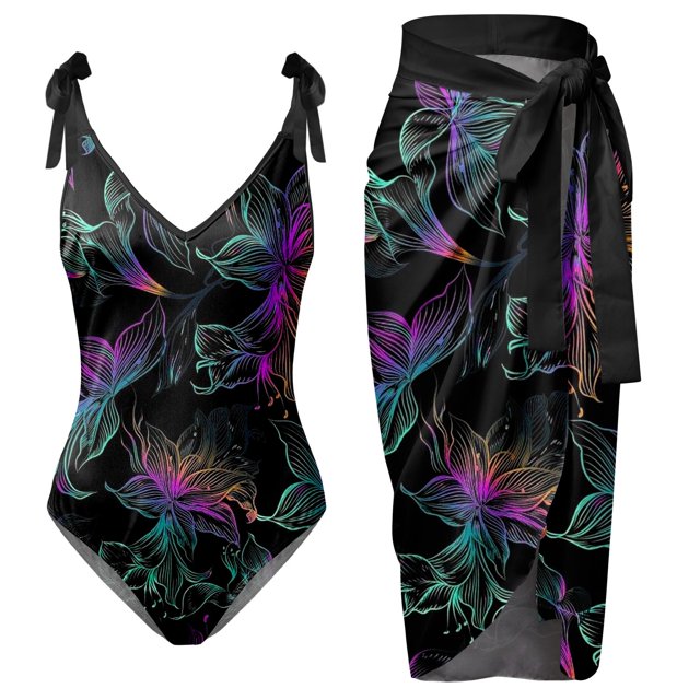 Gibobby Traje de baño sexy de una pieza Traje de baño con estampado de flores y cuello en V para mujer Conjuntos de bikini con falda y delantal(Morado,G)