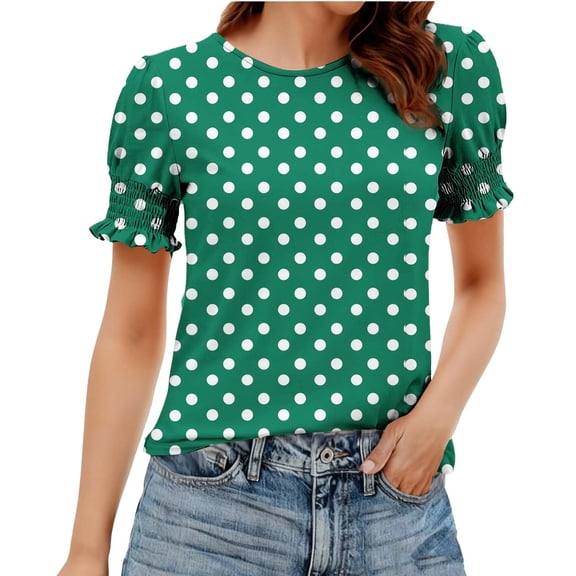 Otvok Women'S Spring Summer Polka Printed Base T-Shirt Lace Sleeves Short Sleeve Round Neck Tops Blouses