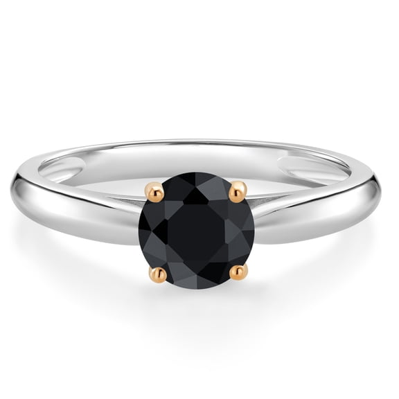 Gem Stone King 1.15 Ct Round Black Sapphire 10K White and Yellow Gold Solitaire Engagement Ring (Size 9)