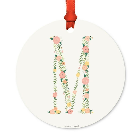 Floral Family Monogram Metal Christmas Ornament, Coral Peach Floral Roses, Letter M, Includes Ribbon and Gift Bag