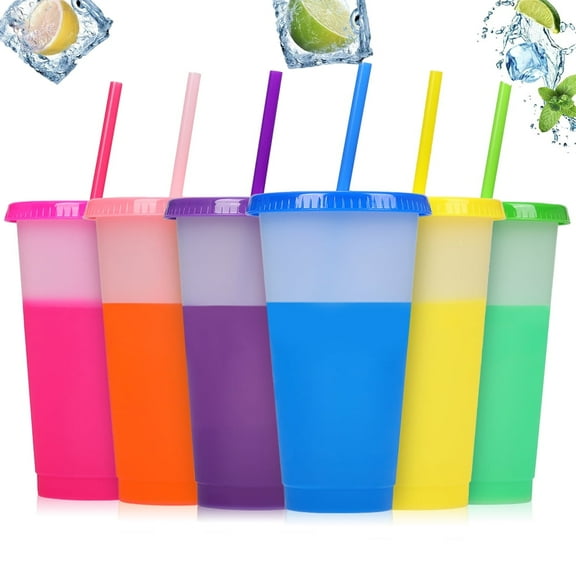 6 Pcs 24 oz Color Changing Cups with Lids and Straws Tutuviw Reusable Cups in Vivid Colors Party Funny Tumbler Plastic Tumbler Iced Coffee Cup Travel Mug Cup Water Glasses