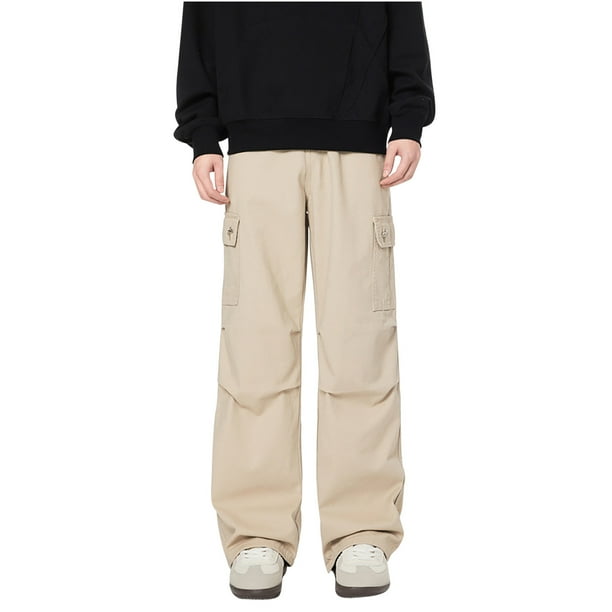 Pantalones de trabajo de longitud completa para hombre, de color liso, con bolsillos, de pierna recta