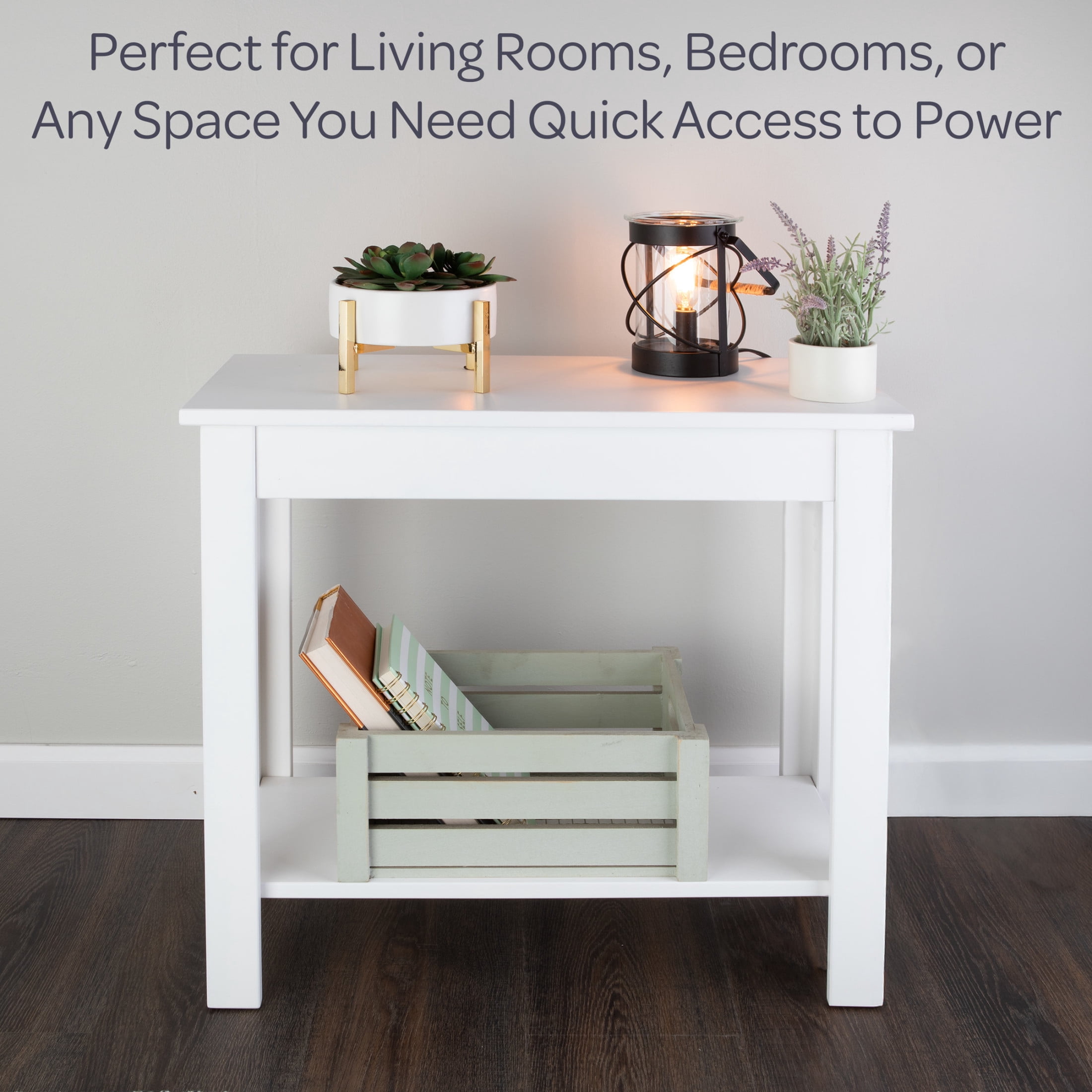 Lavish Home Narrow Side Table with Charging Station and Storage Shelf