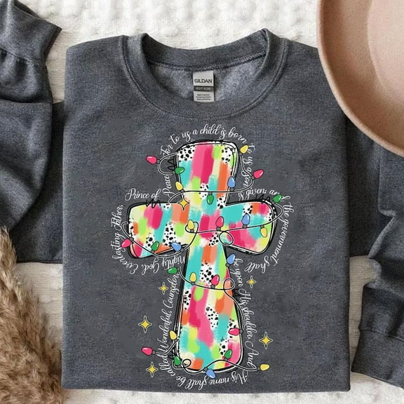 Jesus Christmas Sweatshirt, Christian Bible Verse Cross Crewneck, Oh Holy Night Nativity Scene Xmas Brushstroke Sweater