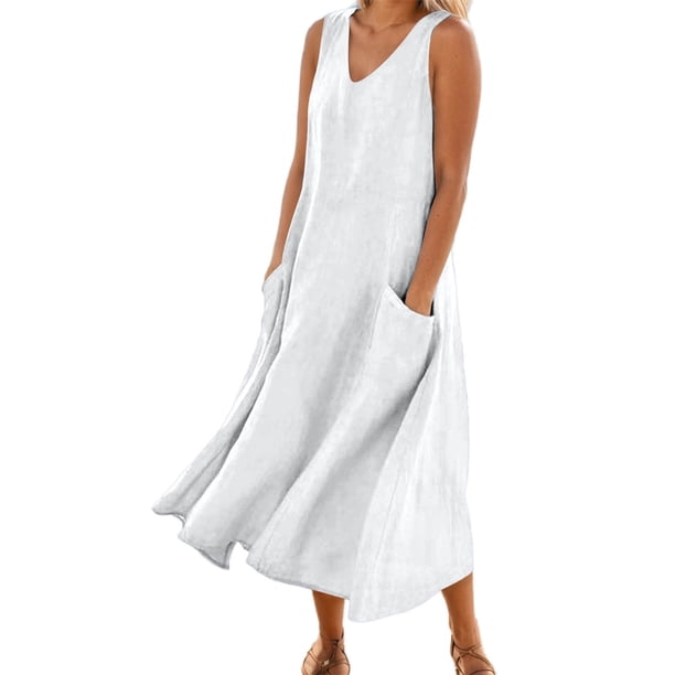 Vestido largo sin mangas con cuello en V y color liso para mujer: corte holgado, bolsillos, vestido informal cómodo para el día a día.
