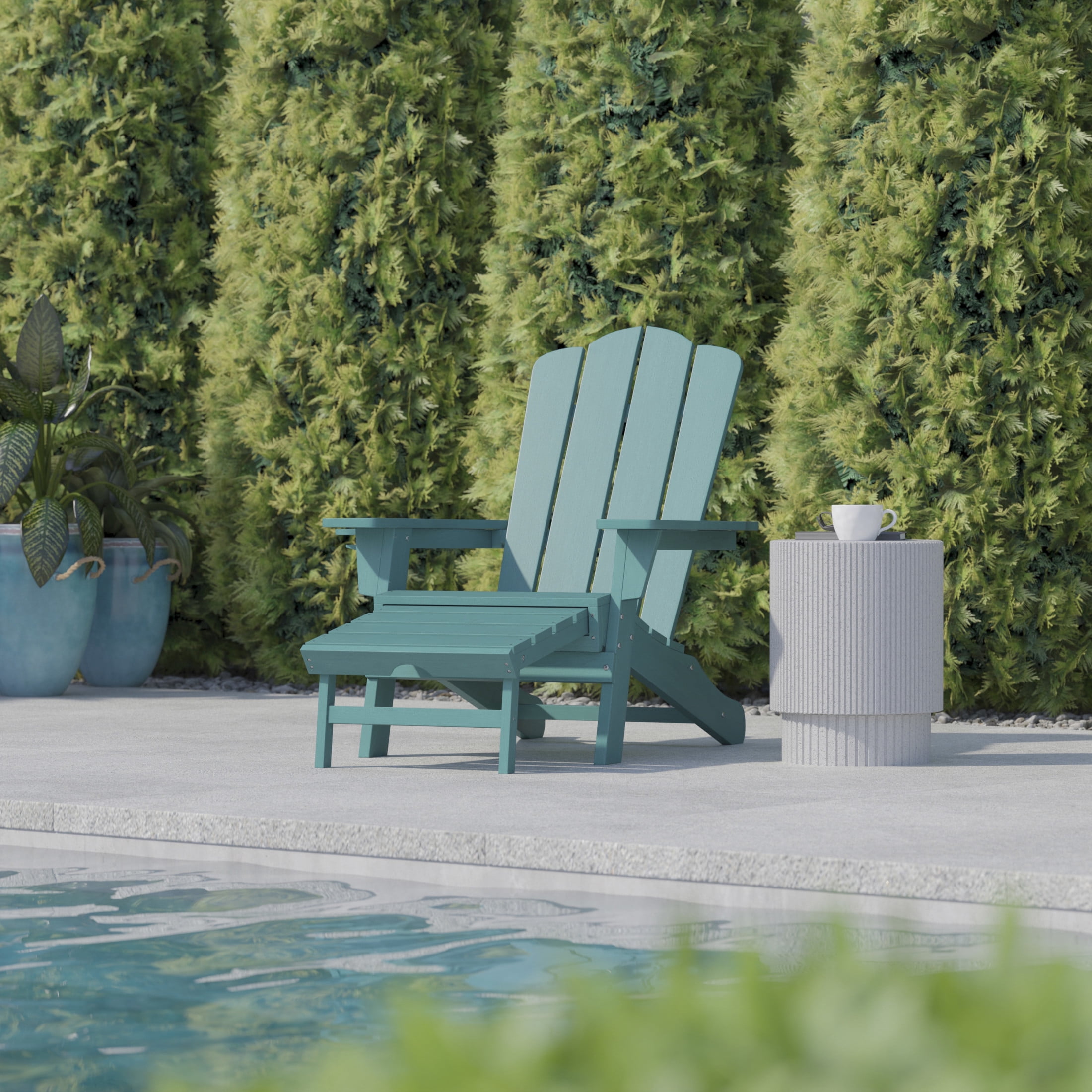 BizChair HDPE Adirondack Chair with Cup Holder and Pull Out Ottoman, All-Weather HDPE Indoor/Outdoor Lounge Chair in Blue