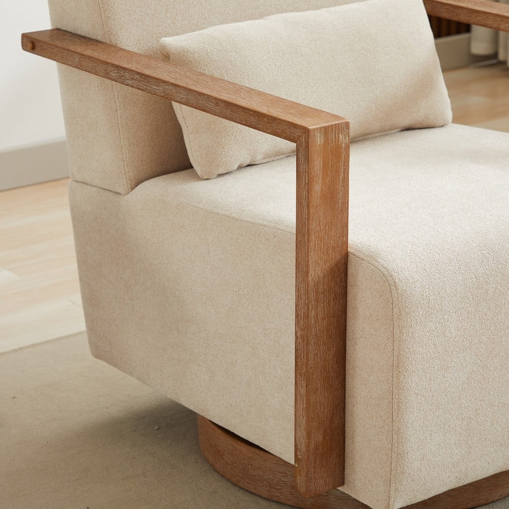 Swivel Accent Chair, 360 Degree Modern Upholstered Lounge Chair with Solid Wood Armrests, Linen Blend Fabric, Comfy Reading Chair for Living Room, Bedroom & Office, Beige