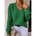 thumbnail image 5 of Women V Neck Knit Hollow Openwork Lantern Long Sleeve Ribbed Cuff Loose Fit Knit Pullover Sweater Green M, 5 of 8