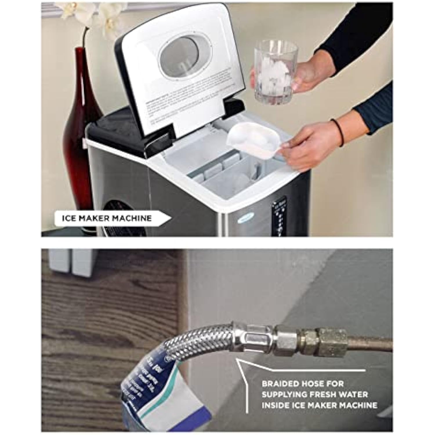 Stainless Steel Braided Icemaker Supply 1/4" Comp x 1/4" Comp, UPC/NSF, Lead Free, 300"