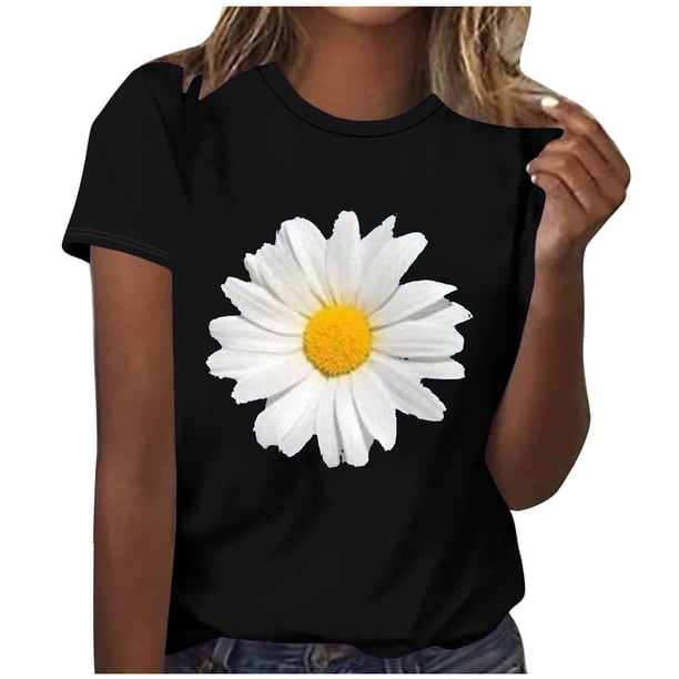 Camisetas de Mujer Flor Impresión Manga Corta Cuello Redondo Blusa, Ligero Y Casual de las Mujeres Camisetas