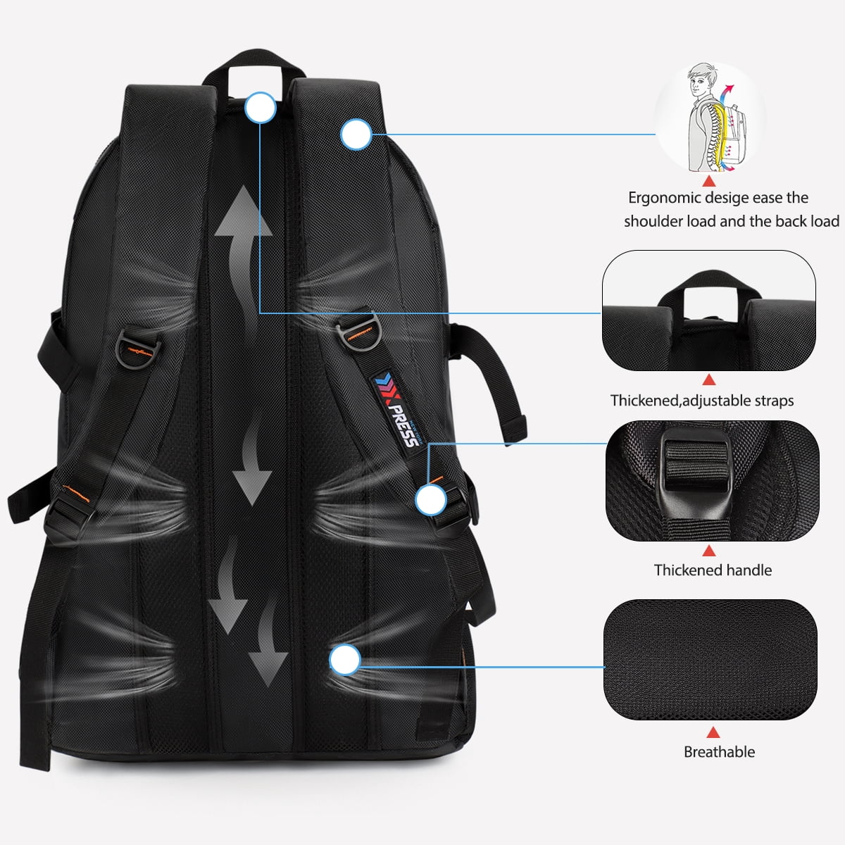 Travel Backpack Multi-Pocket Outdoor Hiking Backpack Work Daypack for Men Women, Navy, A12