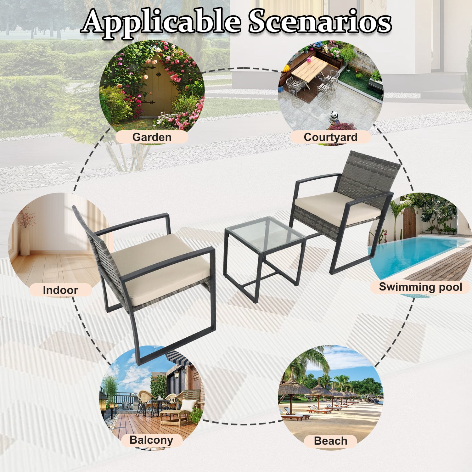Junkai 3-Piece Metal Outdoor Bistro Sets with 2 Single Seats and 1 Coffee Table, Black/Beige